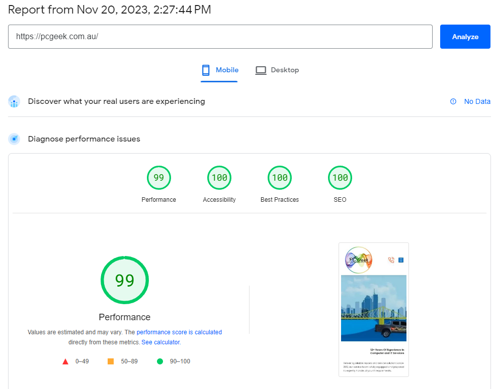PC Geek New Website Desktop Audit Results