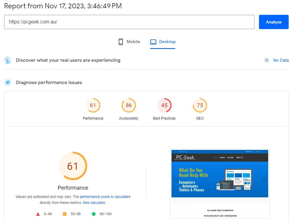 Old Website Desktop Audit results