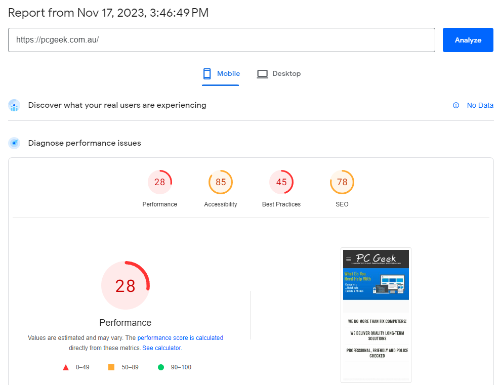 Old Website Mobile Audit Results